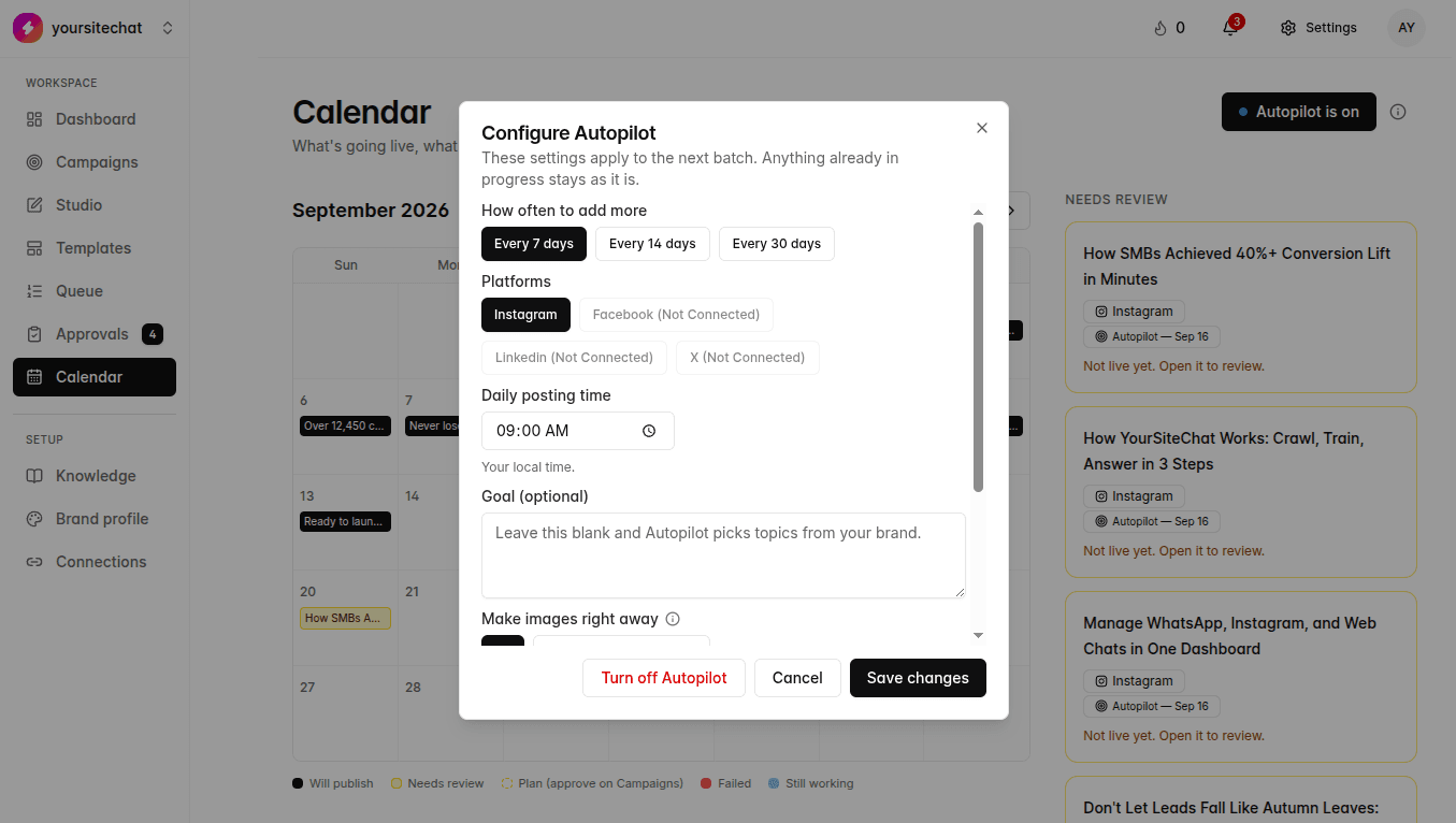 Autopilot / Agent Mode filling the calendar in TheViralMarketing