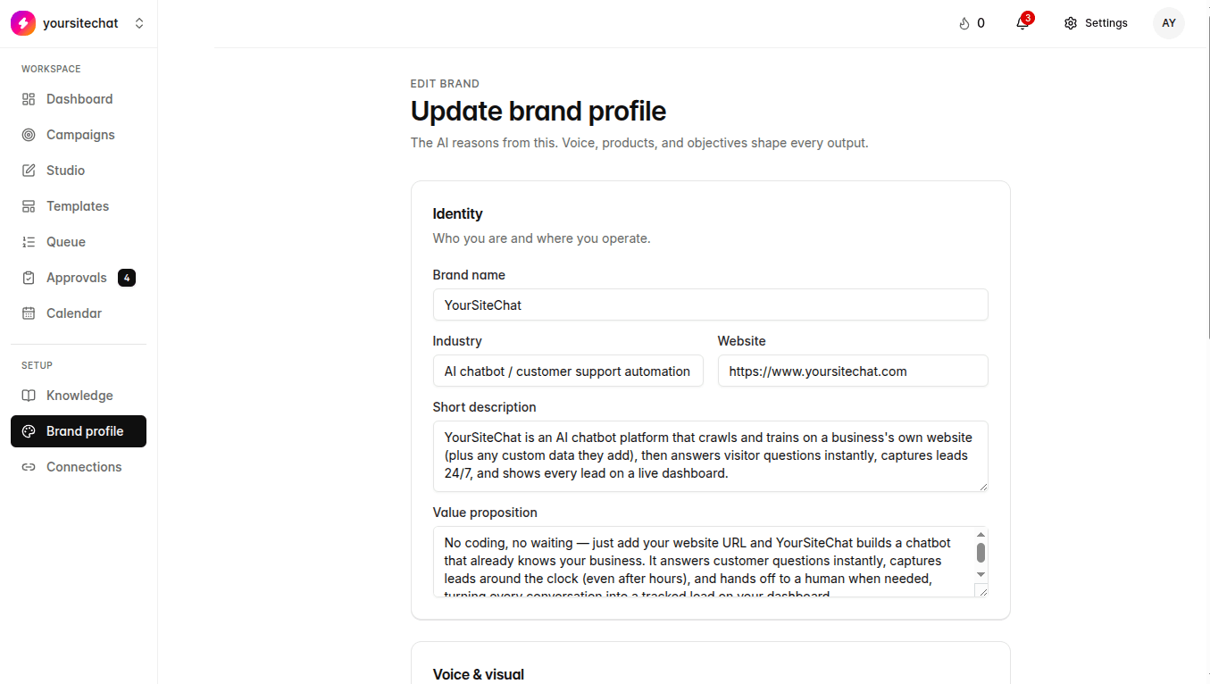 Brand profile settings in TheViralMarketing
